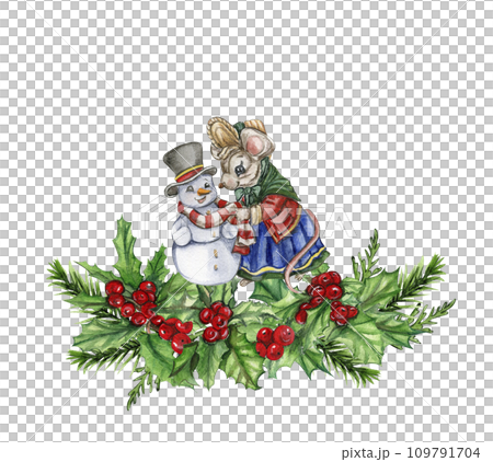 Watercolor Christmas mice in cartoon style composition. Watercolor Christmas hand drawn illustration for cards, backgrounds, scrapbooking and your design. 109791704