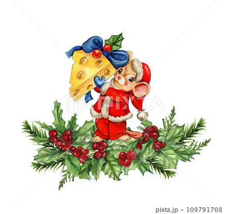 Watercolor Christmas mice in cartoon style composition. Watercolor Christmas hand drawn illustration for cards, backgrounds, scrapbooking and your design. Watercolor Christmas mice in cartoon style composition. Watercolor Christmas hand drawn illustration for cards, backgrounds, scrapbooking and your design. 109791708