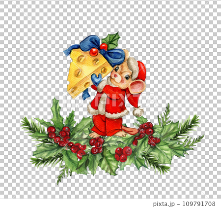 Watercolor Christmas mice in cartoon style composition. Watercolor Christmas hand drawn illustration for cards, backgrounds, scrapbooking and your design. Watercolor Christmas mice in cartoon style composition. Watercolor Christmas hand drawn illustration for cards, backgrounds, scrapbooking and your design. 109791708
