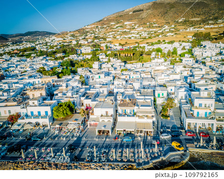Bird's eye view of cozy resort town, Paros island, Greece Bird's eye view of cozy resort town, Paros island, Greece 109792165