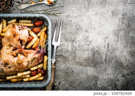 Fried turkey wing with fries in baking tray top view Fried turkey wing with fries in baking tray top view 109792489