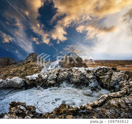 Mud volcanoes of Gobustan at sunset 109792612