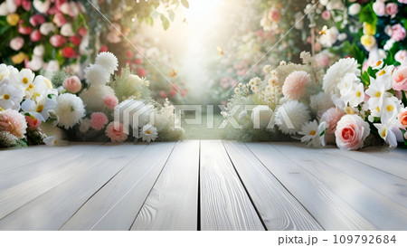 wooden table with flowers 109792684