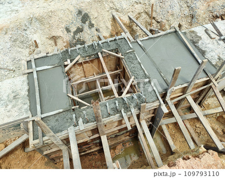Melaka, Malaysia -February 2, 2022: Utility manhole under construction at a construction site. Built on site according to the engineer's design. Using plywood and timber as a construction mold 109793110