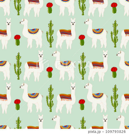 Seamless pattern with cute llama, castus and flower. Vector abstract background for kid. Hand drawn lama design with sweet cacti. Seamless pattern with cute llama, castus and flower. Vector abstract background for kid. Hand drawn lama design with sweet cacti. 109793826
