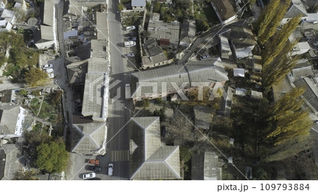 Aerial view of the city, houses and roads with trees. Shot. Urban landscape 109793884