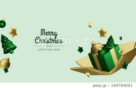 Happy New Year and Merry Christmas. Christmas holiday background with realistic 3d objects,gold and red bauble balls, conical metal stars. Levitation falling design composition. 109794081