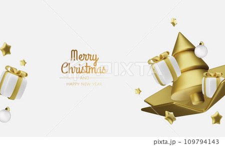 Happy New Year and Merry Christmas. Christmas holiday background with realistic 3d objects,gold and red bauble balls, conical metal stars. Levitation falling design composition. Happy New Year and Merry Christmas. Christmas holiday background with realistic 3d objects,gold and red bauble balls, conical metal stars. Levitation falling design composition. 109794143