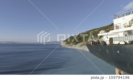 Large red container ship on the dock near the shore. Shot. Close-up 109794196