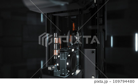 Abstract monochromatic futuristic machine engine. Animation. Close up of rotating details and shining indicators inside of technological mechanism. 109794480