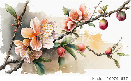 桃の花の水彩画