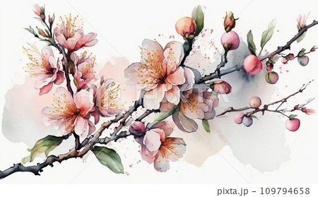 桃の花の水彩画