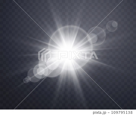 Silver sunlight lens flare, sun flash with rays and spotlight. Glowing burst explosion on a transparent background. 109795138
