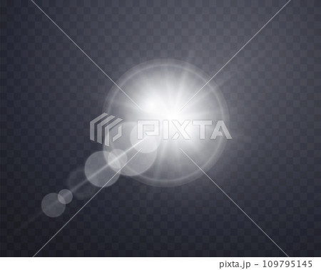 Silver sunlight lens flare, sun flash with rays and spotlight. Glowing burst explosion on a transparent background. 109795145