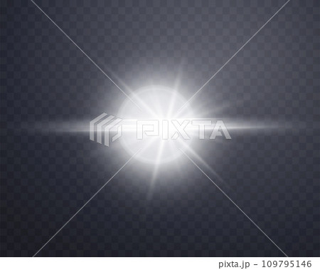 Silver sunlight lens flare, sun flash with rays and spotlight. Glowing burst explosion on a transparent background. Silver sunlight lens flare, sun flash with rays and spotlight. Glowing burst explosion on a transparent background. 109795146