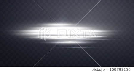 Silver horizontal lensflare. Light flash with rays or spotlight and bokeh. Silver glow flare light effect. Vector illustration. Isolated on dark transparent background. Silver horizontal lensflare. Light flash with rays or spotlight and bokeh. Silver glow flare light effect. Vector illustration. Isolated on dark transparent background. 109795156