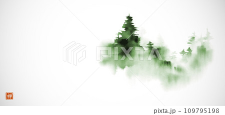 Minimalist ink landscape with green trees, shrouded in dense fog on white background. Traditional oriental ink painting sumi-e, u-sin, go-hua. Hieroglyph - zen 109795198