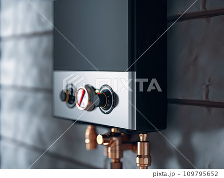 Home Comfort Innovation: Close-Up of Double-Circuit Combi Boiler on Wall - Generative AI Home Comfort Innovation: Close-Up of Double-Circuit Combi Boiler on Wall - Generative AI 109795652