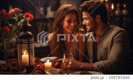 Romantic Bliss: Young Couple in Love Celebrating Valentine's Day at a Beautifully Decorated Table 109795680
