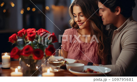 Love in Bloom: Young Couple's Tender Celebration at a Beautifully Set Valentine's Table 109795681
