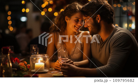 Tender Embrace: Lovebirds Enjoying a Romantic Dinner on Valentine's Day Tender Embrace: Lovebirds Enjoying a Romantic Dinner on Valentine's Day 109795682