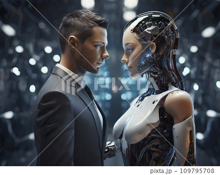 Artificial intelligence is opposed to humans. Confrontation of artificial and human intelligence. 109795708