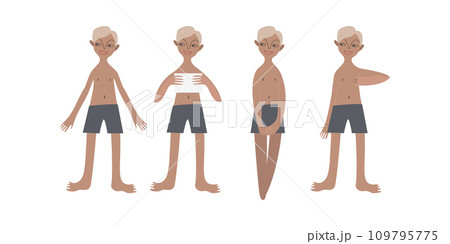 Four tanned European boys in swimsuits. Calm standing poses: thumbs up, piece of paper in hands. Tanned skin and blond hair. Vector illustration in flat style 109795775