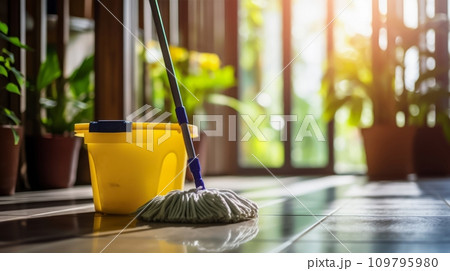 Tidy Living Space: Floor Maintenance with Mop and Bucket Tidy Living Space: Floor Maintenance with Mop and Bucket 109795980