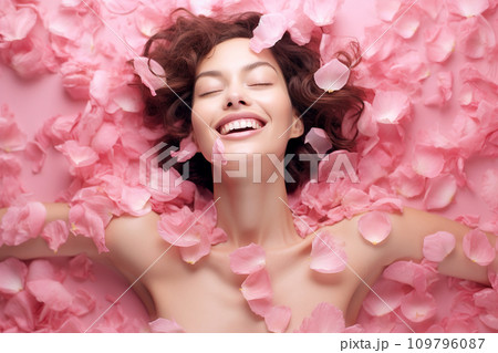 Young European woman having orgasm. Beautiful woman with open mouth and closed eyes enjoying sex lying among rose petals. Sexual experience, getting sexual pleasure, masturbation, cunnilingus. Young European woman having orgasm. Beautiful woman with open mouth and closed eyes enjoying sex lying among rose petals. Sexual experience, getting sexual pleasure, masturbation, cunnilingus. 109796087