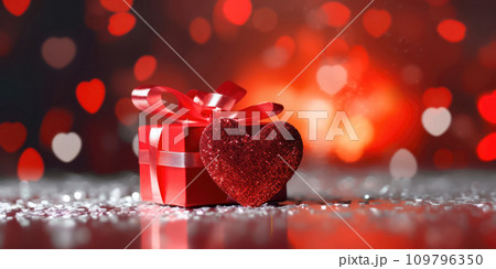 Love Celebration: Festive Background with Red Hearts and Gift Box 109796350