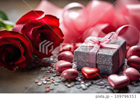 Romantic Moments: Creative Love Background with Hearts, Gift, and Red Roses 109796351
