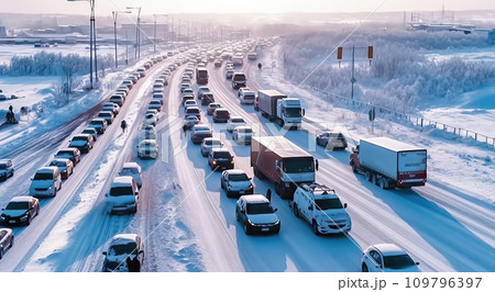 Rush Hour Traffic on Snowy Road - Generative AI 109796397