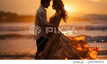 Seashore Serenade: Young Couple in Love Dancing in Beautiful Outfits at Sunset 109796403