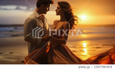 Romantic Sunset Dance: Young Couple in Love Spinning and Embracing by the Seashore 109796404
