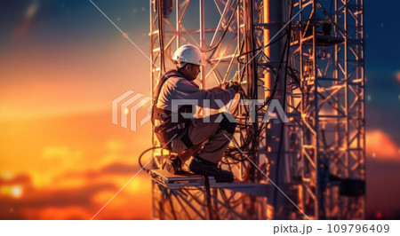 High-Tech Heights: Technical Worker Repairing Telecommunications Tower 109796409