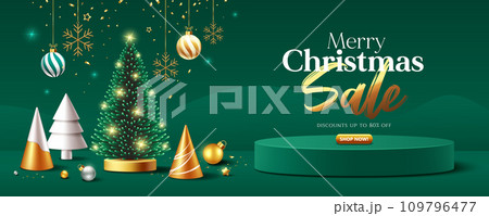 Merry christmas sale, pine tree lighting, green podium display ornaments banners design 109796477