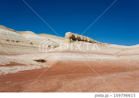 Kyzylkup plateau landscape, Mangystau desert. Rock strata formations Kyzylkup plateau landscape, Mangystau desert. Rock strata formations 109796615