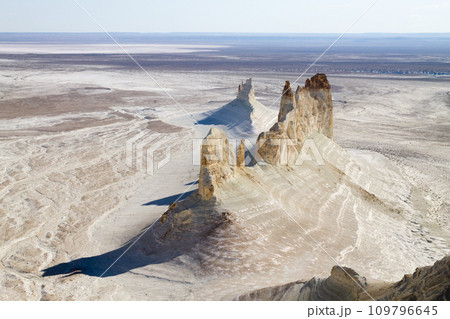 Bozzhira valley pinnacles aerial view, Mangystau region, Kazakhstan. Ak Orpa pinnacles Bozzhira valley pinnacles aerial view, Mangystau region, Kazakhstan. Ak Orpa pinnacles 109796645