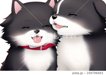 AI-generated content. Joyful comic puppy dogs in japanese anime manga style. Lovely mascot pets and adorable friends. Happy cartoon illustration. Isolated white background. Generative AI 109796665