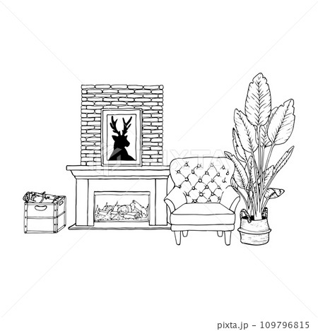 Vector illustration interior of living room with armchair, home plant birds of paradise in pots, fireplace, painting with a deer, firewood. A simple line hand drawing. Black contour linear silhouette Vector illustration interior of living room with armchair, home plant birds of paradise in pots, fireplace, painting with a deer, firewood. A simple line hand drawing. Black contour linear silhouette 109796815
