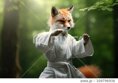 Karate Master Red Fox dressed in white practice uniform Showcasing Karate Skills in forest. Fox practicing Martial Arts. Concept of strengthening the spirit and body, self-development. Funny animals. 109796936