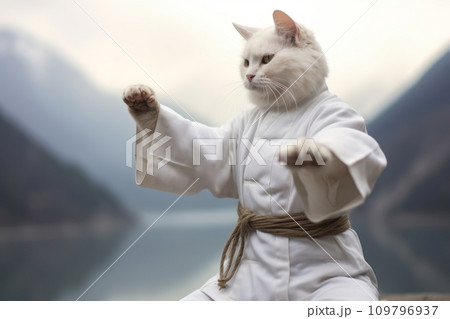 Karate Master White Cat dressed in white practice uniform Showcasing Karate Skills against blurred mountains. Kitty practicing Martial Arts. Concept of strengthening spirit and body, self-development. 109796937