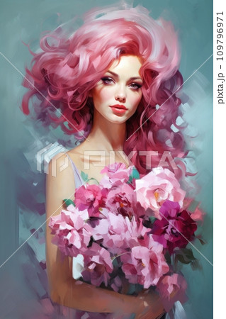 Colorful Artistic Depiction of pink-haired Woman with flowers. Beautiful lady. In Style of Impressionism oil painting. For postcard, greeting, Decoration, Print, poster, cover, Vertical image. Colorful Artistic Depiction of pink-haired Woman with flowers. Beautiful lady. In Style of Impressionism oil painting. For postcard, greeting, Decoration, Print, poster, cover, Vertical image. 109796971