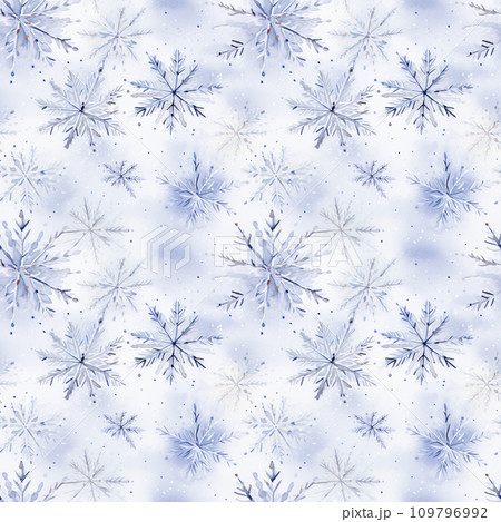 Winter Seamless Pattern. Silver blue watercolor snowflakes on a white background. Christmas or New Year pattern. For print, textile, fabric, wrapping paper, wallpaper, background, website, cover. 109796992