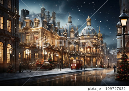 Winter cityscape snow covered streets lined with historical buildings adorned with festive lights and decorations Winter cityscape snow covered streets lined with historical buildings adorned with festive lights and decorations 109797022