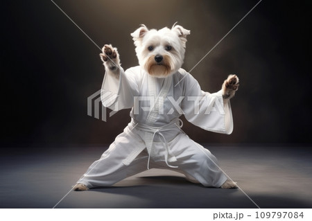 Kung fu master terrier dog dressed in white practice uniform in Kung fu Pose. Dark background. Doggy practicing Martial Arts. Concept of strengthening spirit and body, self-development. Funny animals 109797084