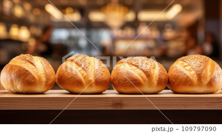 Bread. Loaves of freshly baked white bread in row on table. On blurred background of bakery or store. With copy space. Delicious food. For food blog, advertising, bakehouse, cafe, supermarket. 109797090
