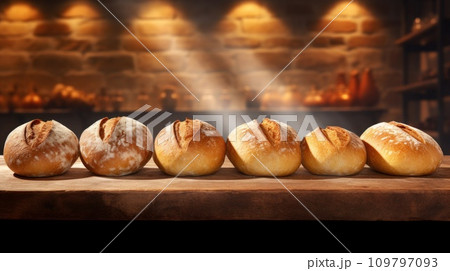 Bread. Loaves of freshly baked white wheat bread in row on table. Against backdrop of blurred brick wall of bakery. With copy space. Delicious food. For food blog, advertising, bakery, cafe, store. Bread. Loaves of freshly baked white wheat bread in row on table. Against backdrop of blurred brick wall of bakery. With copy space. Delicious food. For food blog, advertising, bakery, cafe, store. 109797093