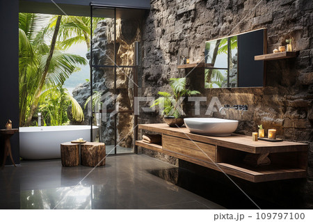 Bathroom designed for water consciousness, mirrors with frames crafted from recycled materials, sustainable design 109797100
