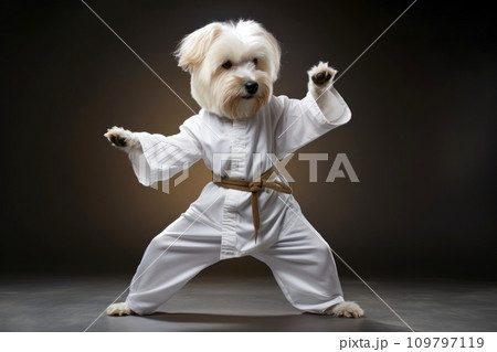 Kung fu master terrier dog dressed in white practice uniform in Kung fu Pose. Dark background. Doggy practicing Martial Arts. Concept of strengthening spirit and body, self development. Funny animals 109797119